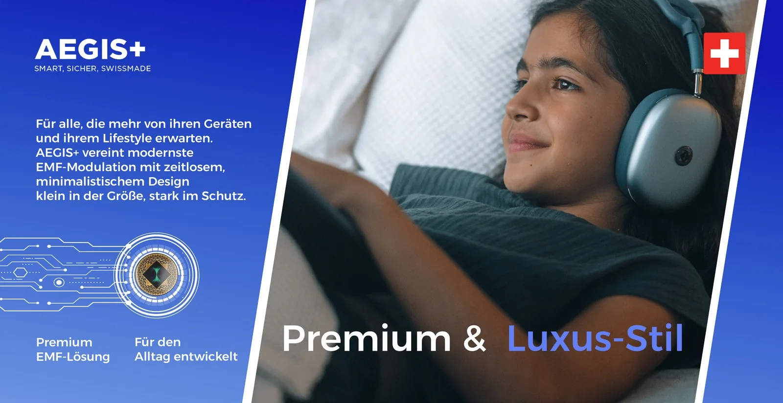 Aegis+ ad, Premium and Luxus-Stil, woman wearing headphones