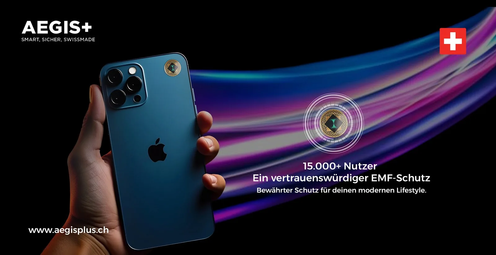 Aegis+ billboard ad with iPhone hero shot, dark blue background