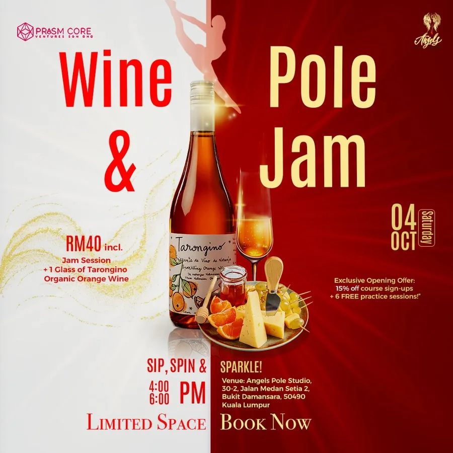 Angels Pole Studio Wine and Pole Jam launch announcement, Instagram square post