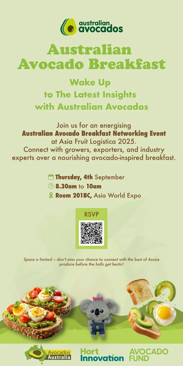 Australian Avocado Breakfast networking event poster with RSVP QR code, Asia Fruit Logistica 2025