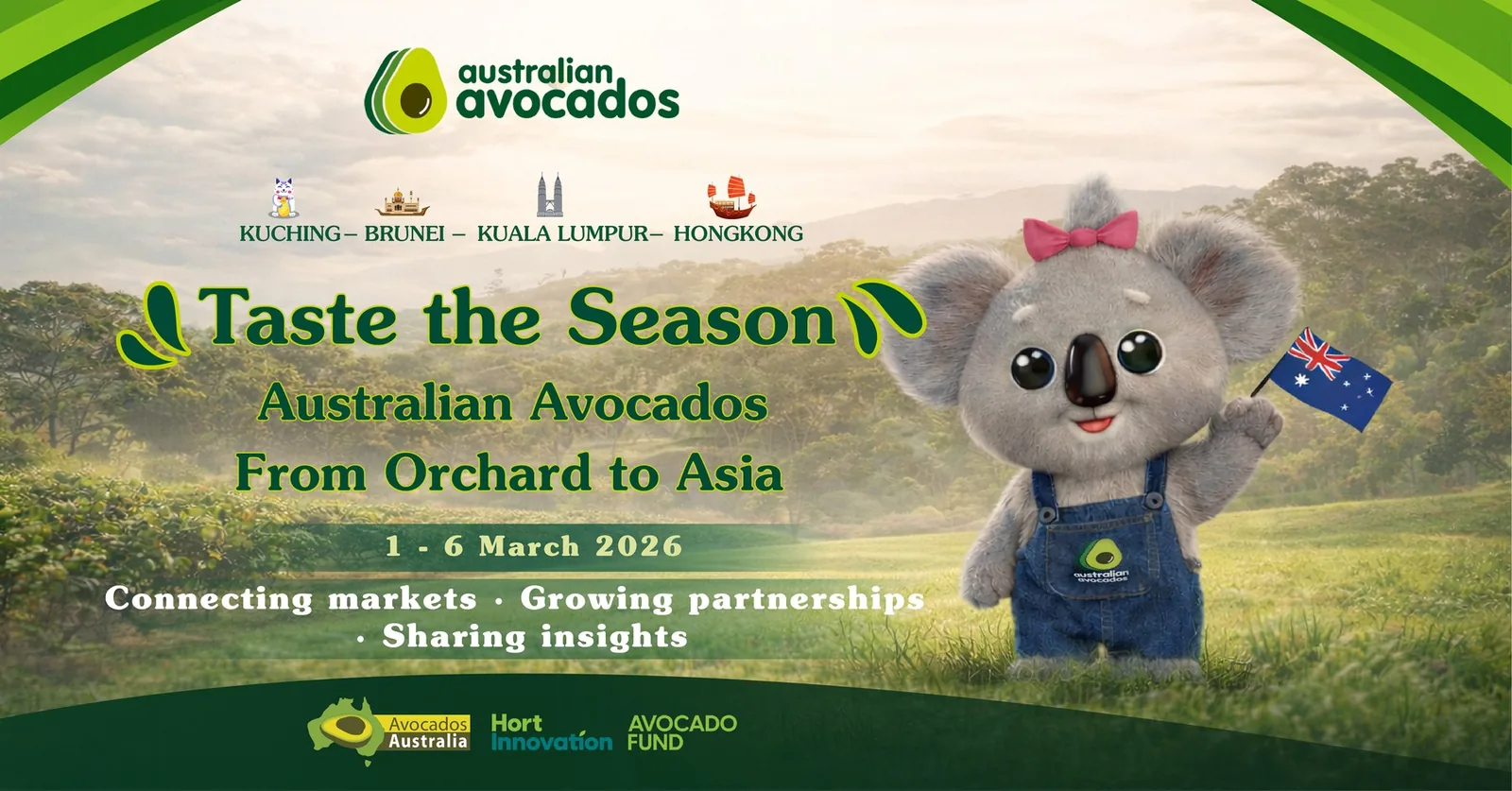 Taste the Season — Australian Avocados From Orchard to Asia banner, featuring the Australian Avocados koala mascot