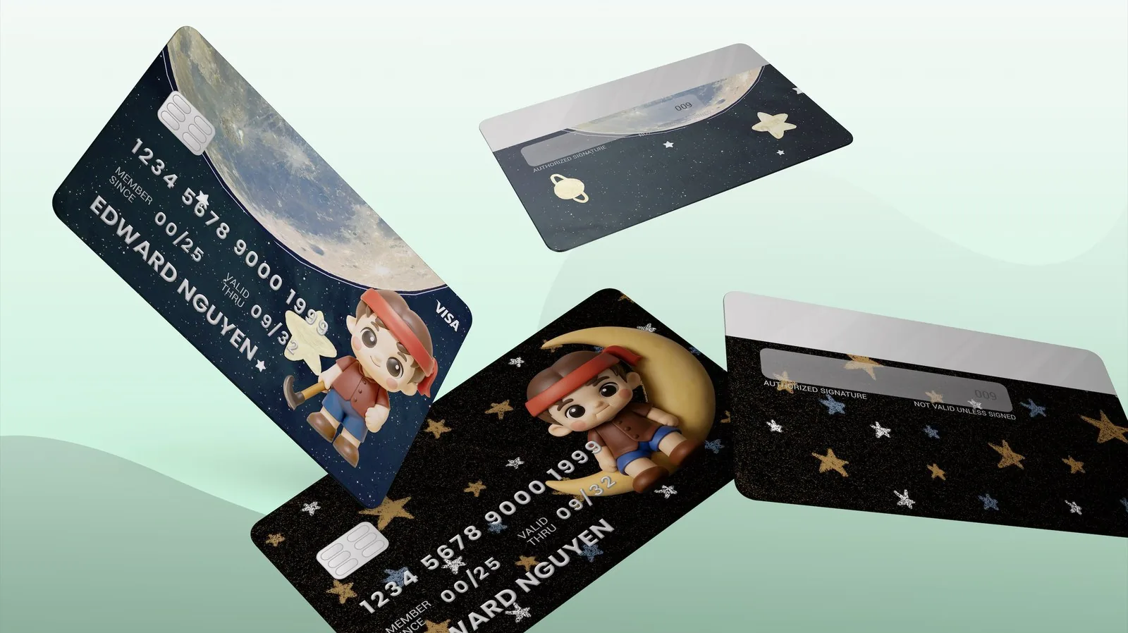 Laquea lifestyle credit card skin designs with moon and puppet character motifs
