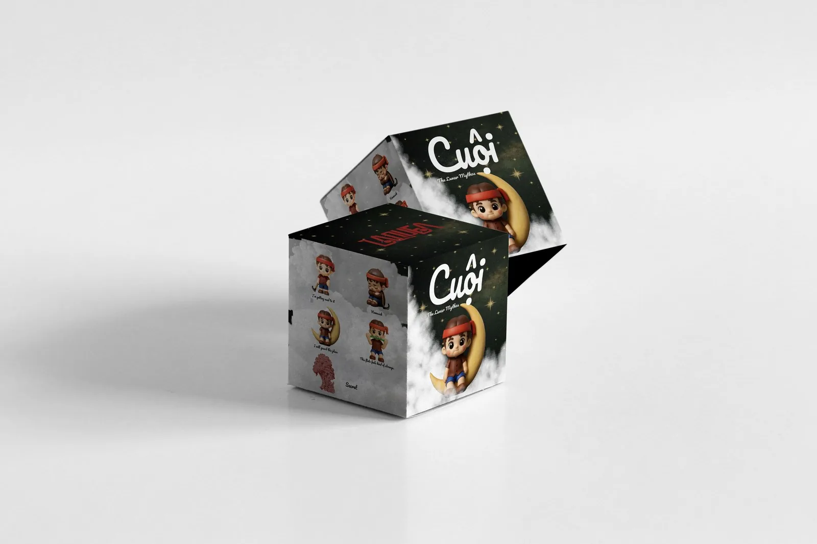 Cuoi blind box packaging design with moon and banyan tree artwork