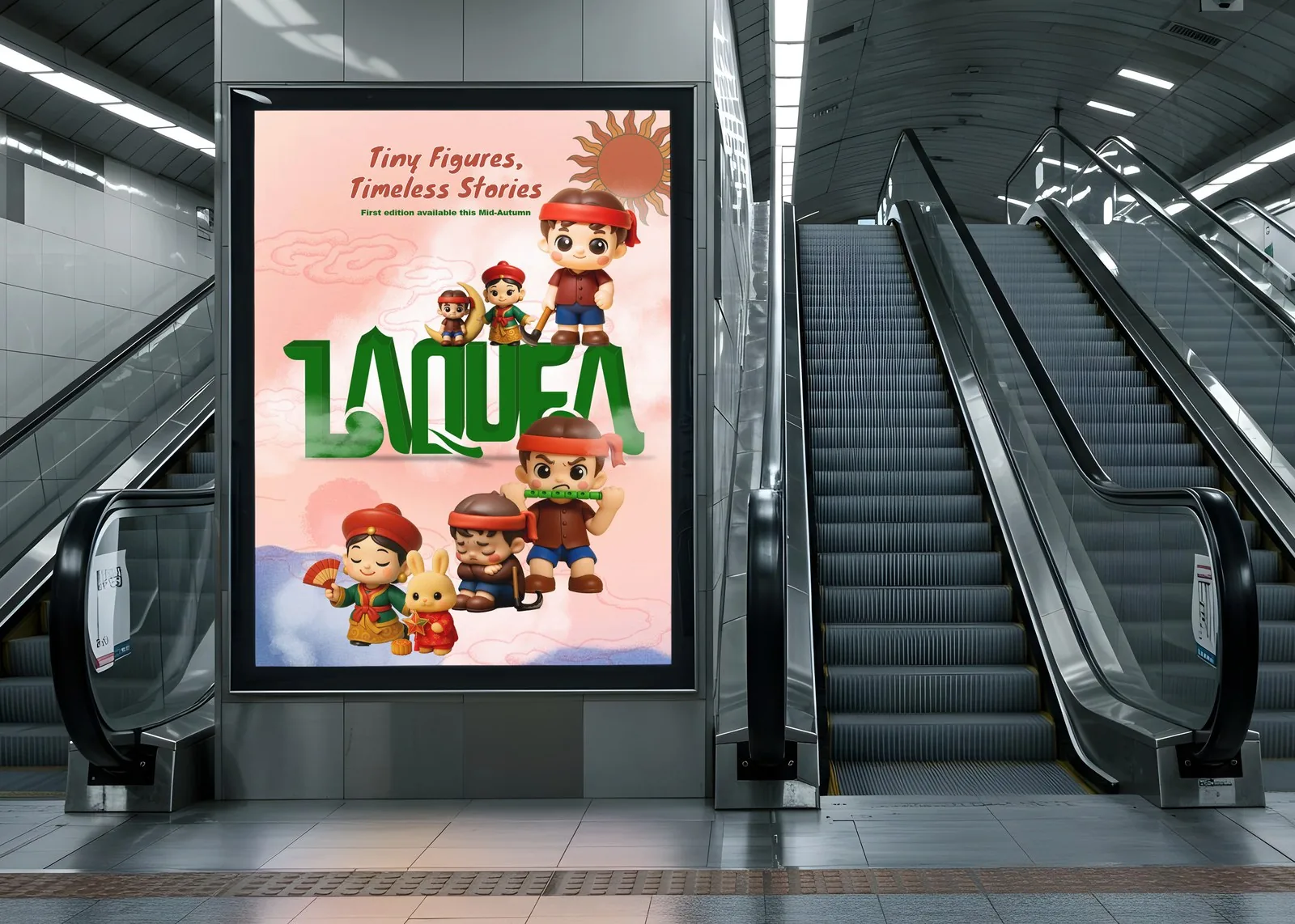 Laquea figures campaign poster mockup displayed in a subway station