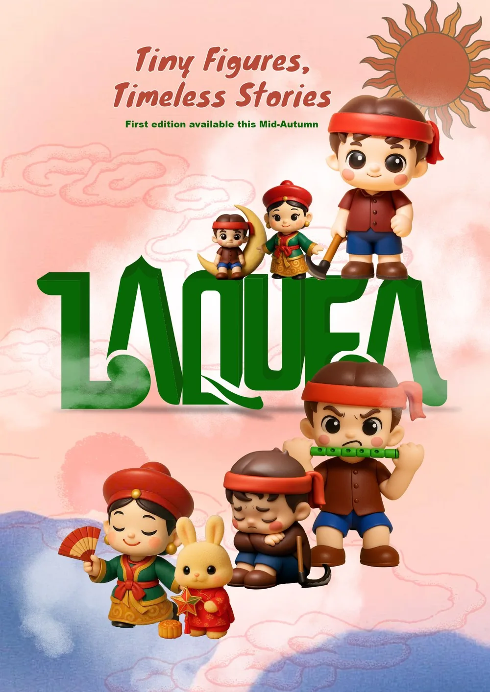 Tiny Figures, Timeless Stories launch poster featuring the Laquea character lineup