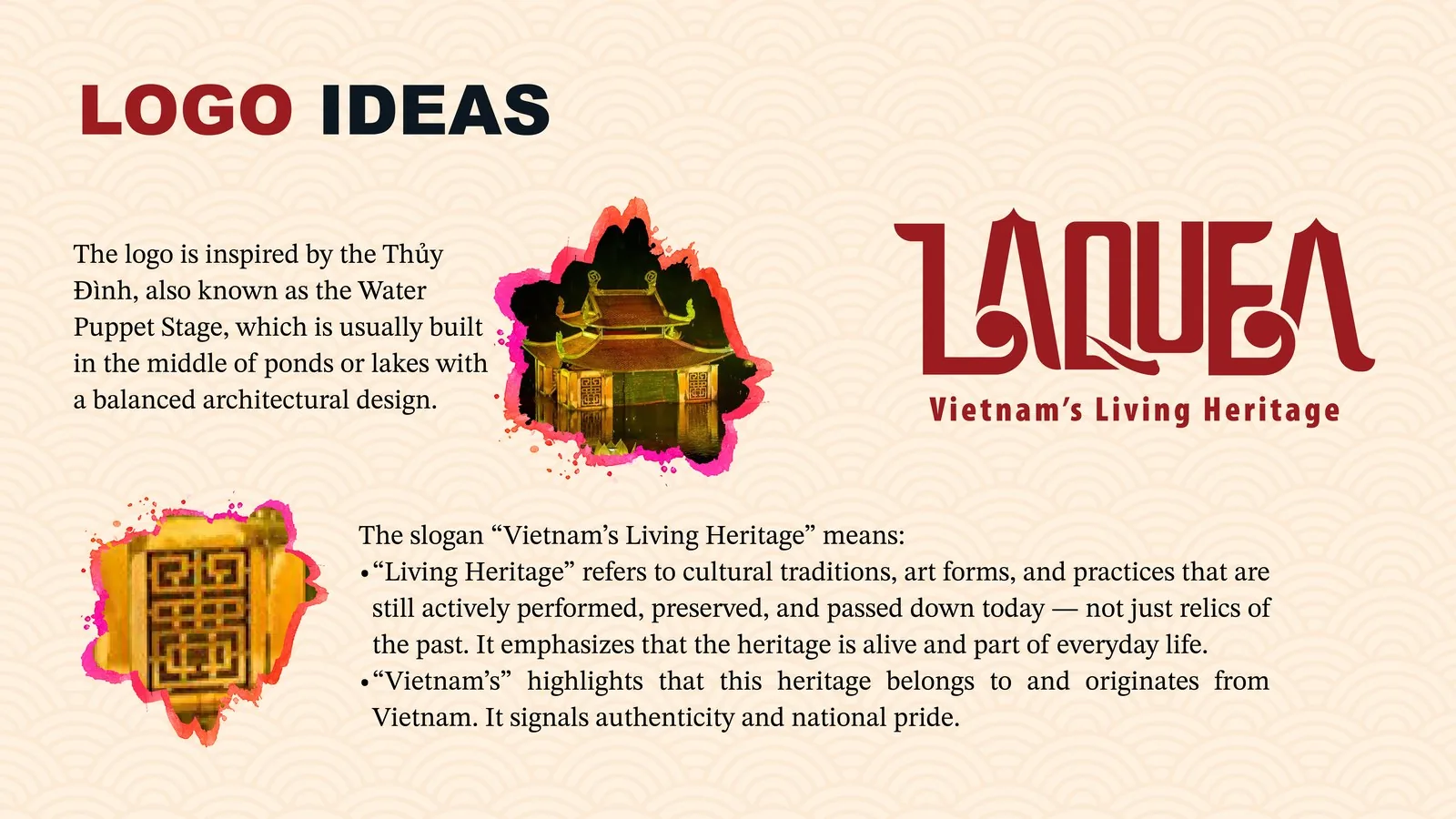 Laquea logo concept slide, inspired by the Thuy Dinh water puppet stage