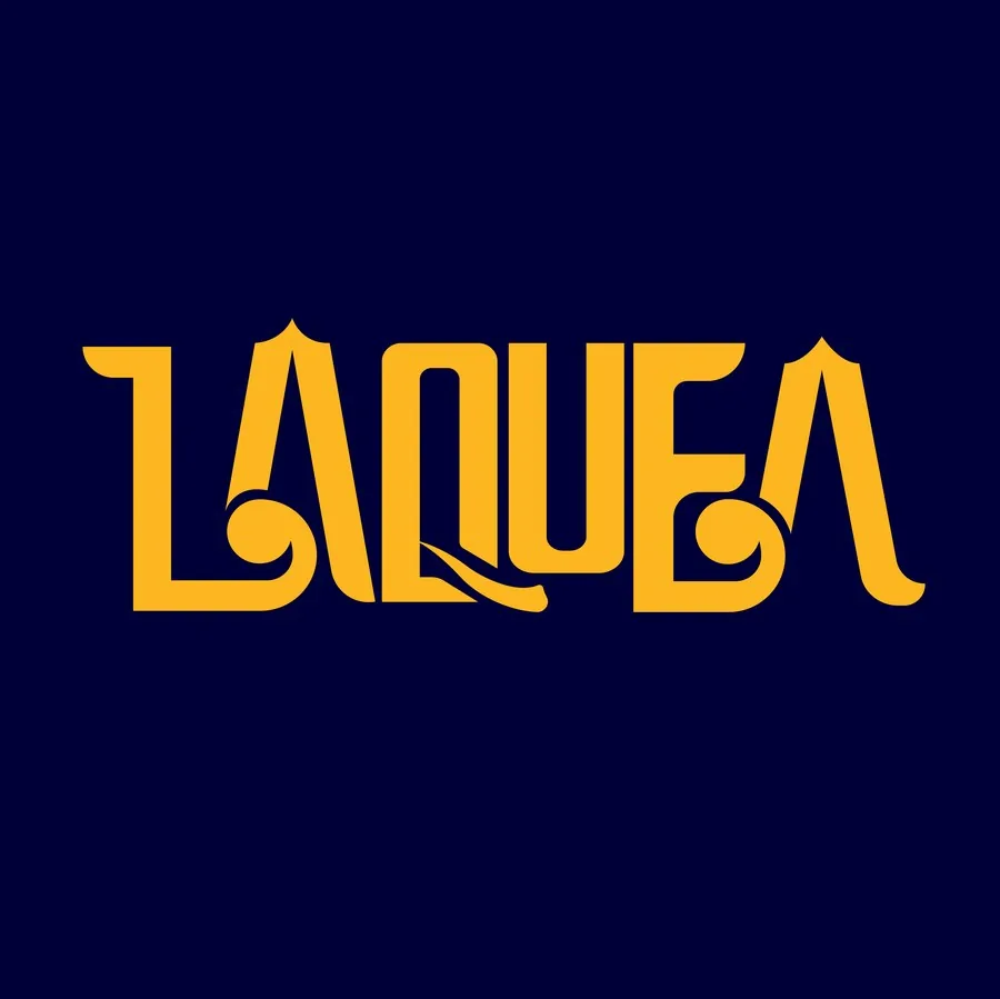 Laquea wordmark logo, navy and gold colorway