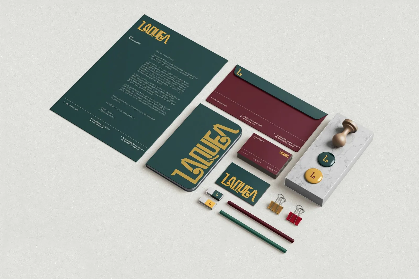 Laquea brand stationery mockup with letterhead, business cards and wax seal