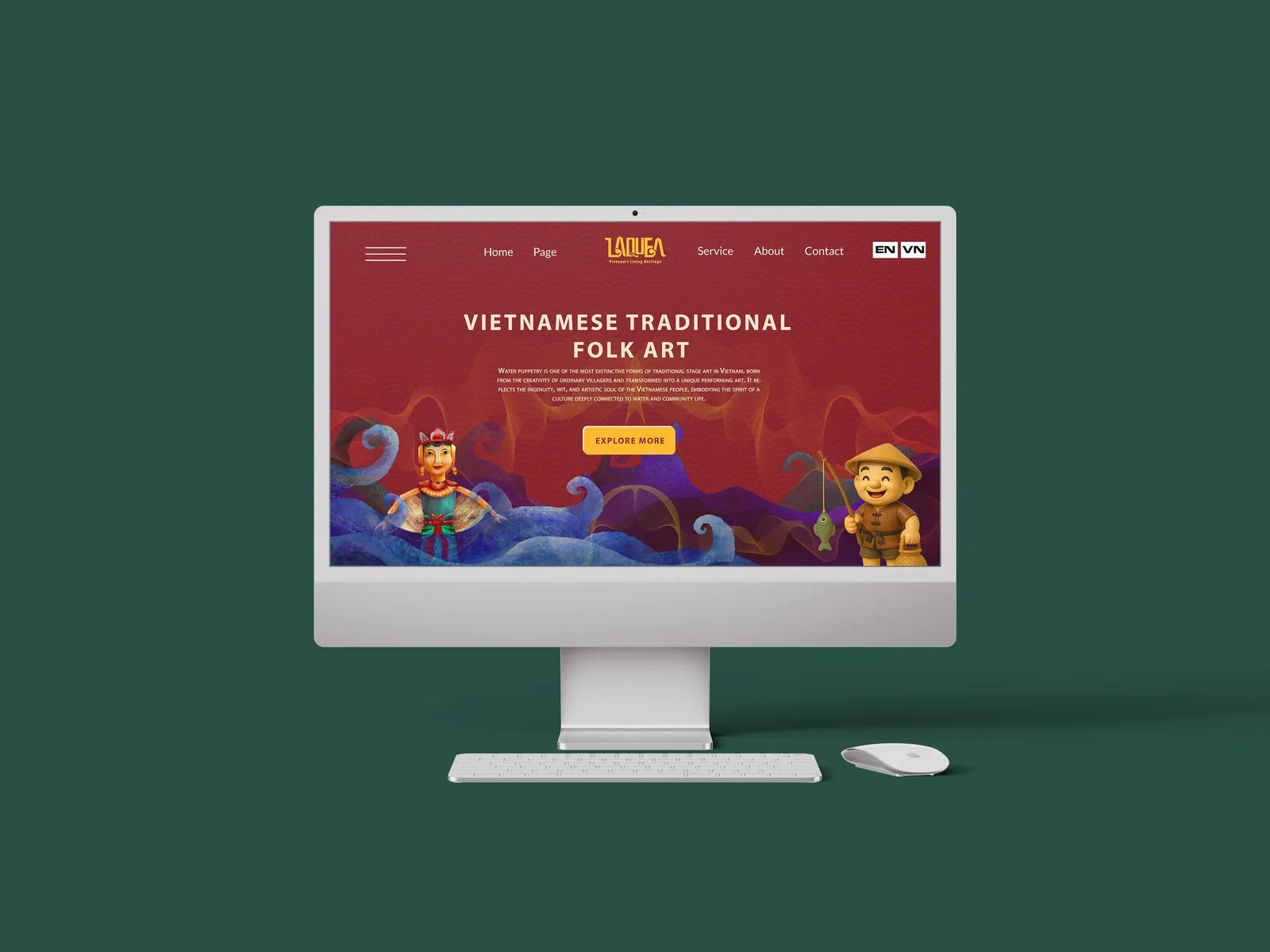 Laquea website homepage mockup, Vietnamese Traditional Folk Art hero section