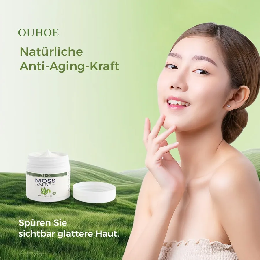 Ouhoe Cosmetic ad, Natürliche Anti-Aging-Kraft, woman touching her face