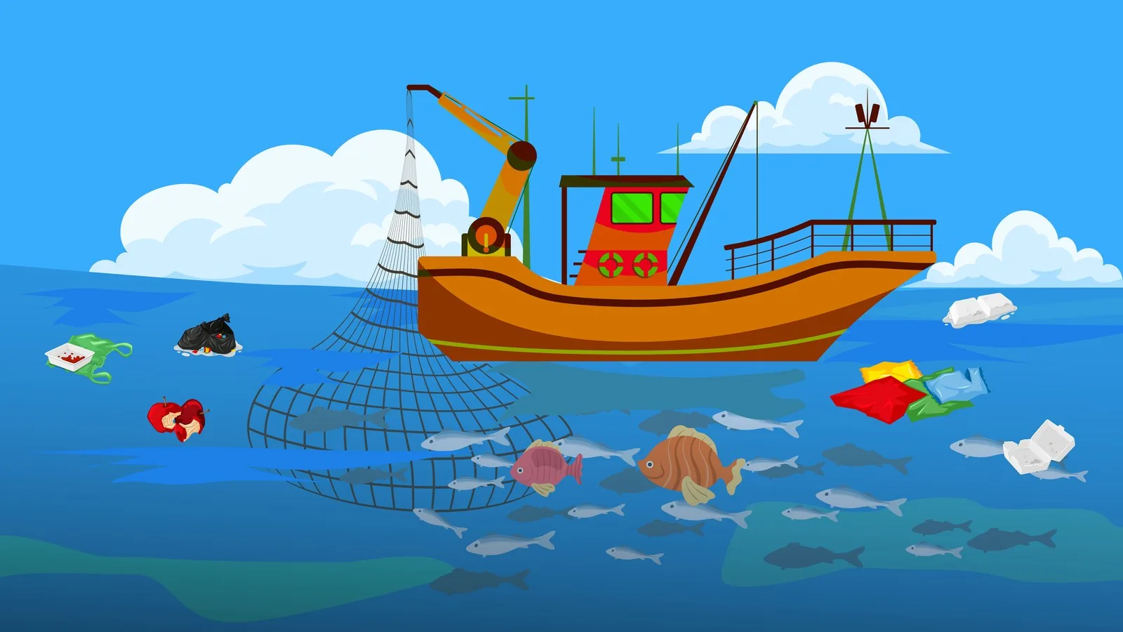 Save Nature animation still — a fishing boat hauling in a net full of fish among the ocean plastic