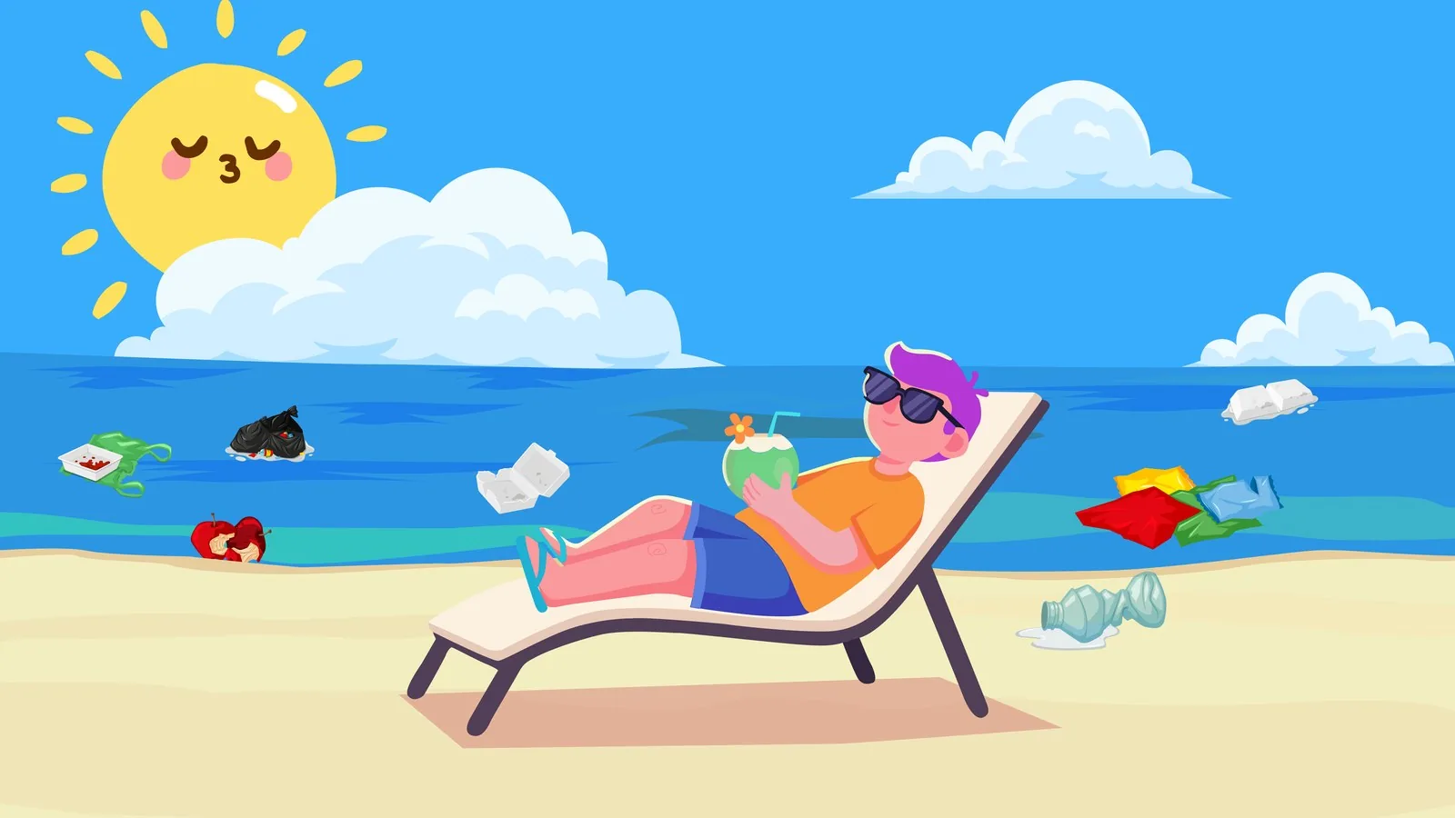 Save Nature animation still — a boy relaxing on a beach lounger, unaware of the plastic waste floating in the ocean behind him